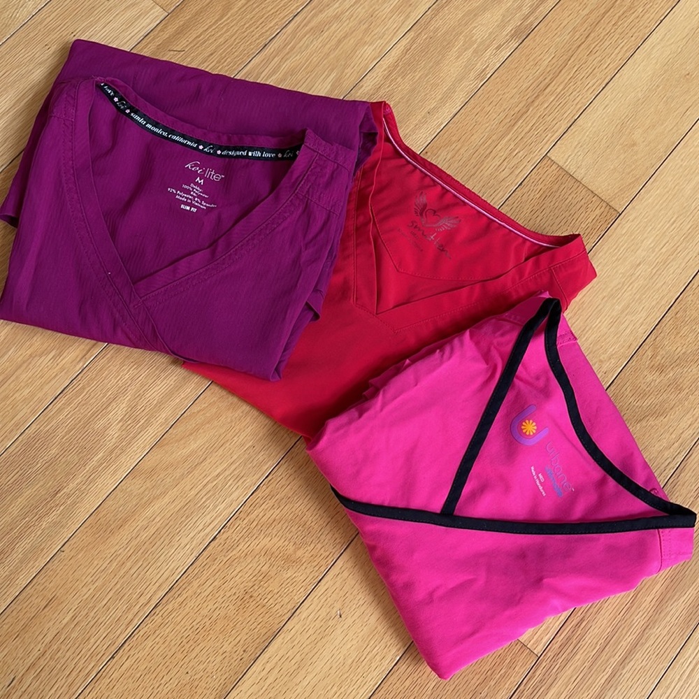 3 Scrub tops; Koi lite, Smitten, Urbane ultimate red pink maroon used fair cond.